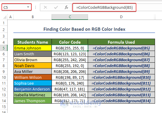 Getting the color code of the background cell color in RGB Format