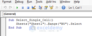 Insert code to select a single cell