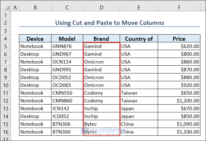 Move Column with Cut and Paste