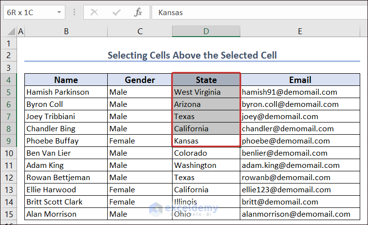 Selecting Cells Above the Selected Cell