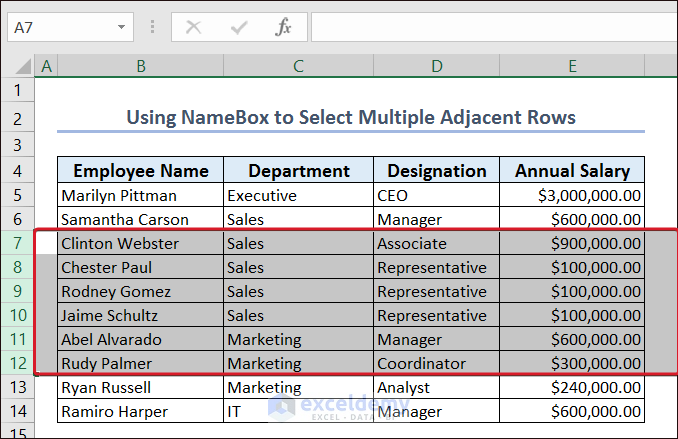 Using NameBox to Select Multiple Adjacent Rows