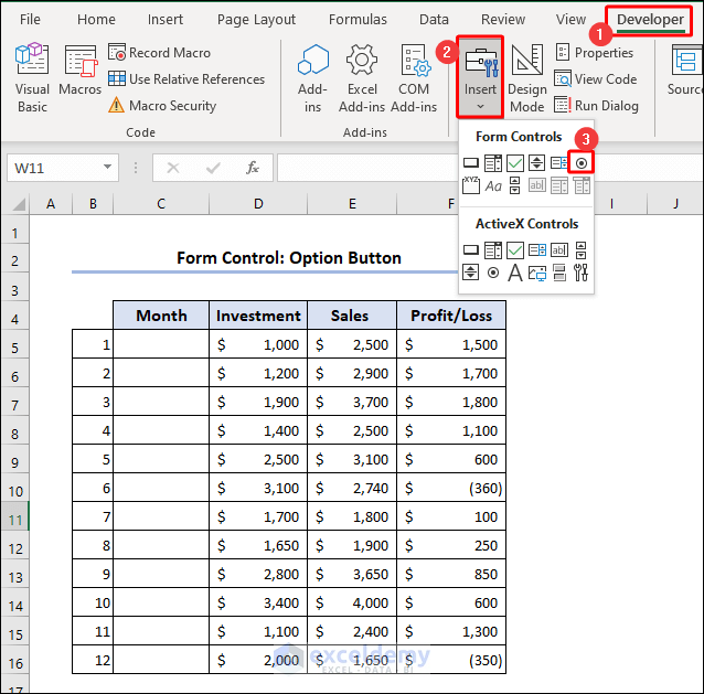 Select Option button from Form Controls