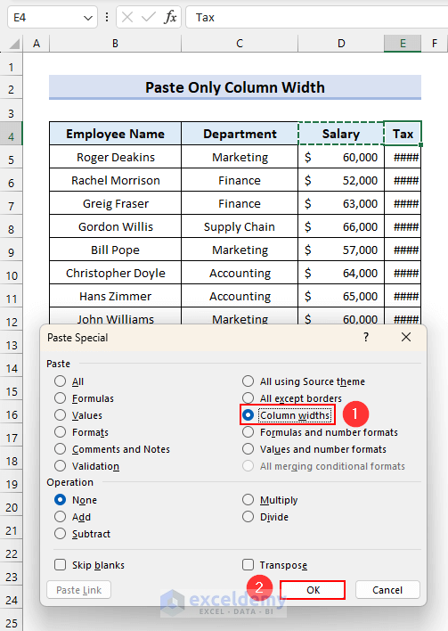 How to Paste Only Column Width in Excel