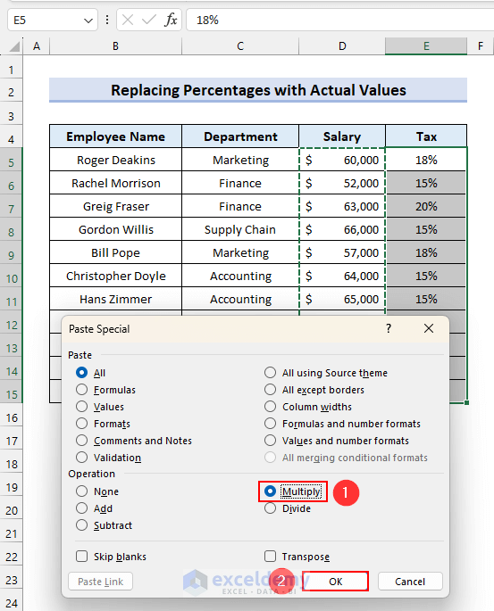 How to Use Paste Special to Replace Percentage with Actual Values in Excel