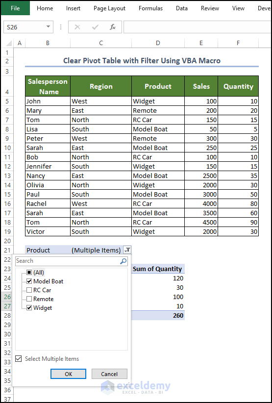 Pivot table with fields ready to be removed