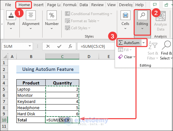 Add total using AutoSum feature