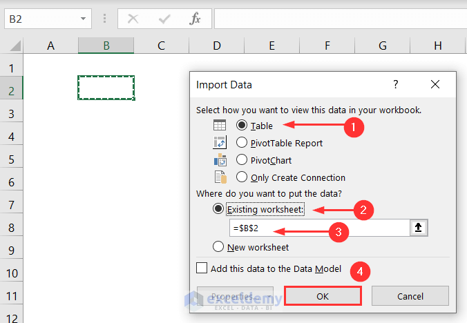 Choosing different options to import data to Refreshed Sheet workbook