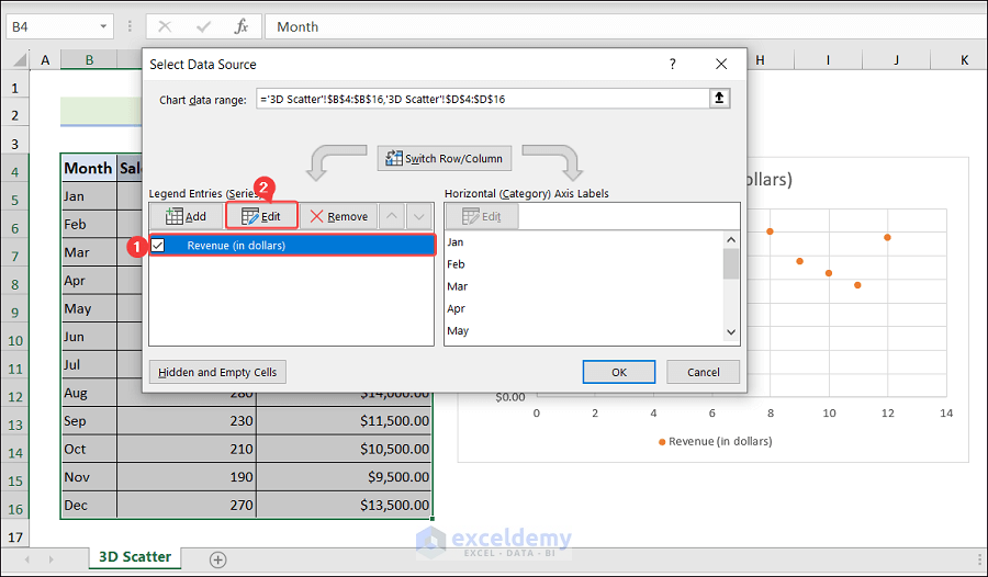 Click on Revenue and choose Edit from the Select Data Source window