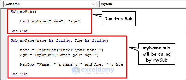Code to call a sub with multiple parameters