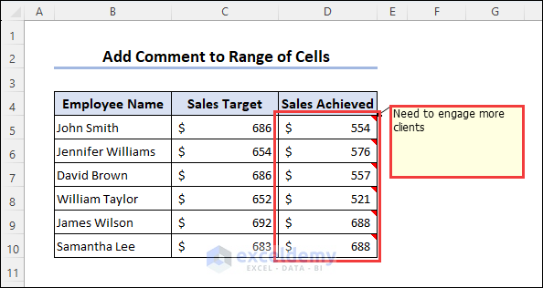 Comment on range of cells