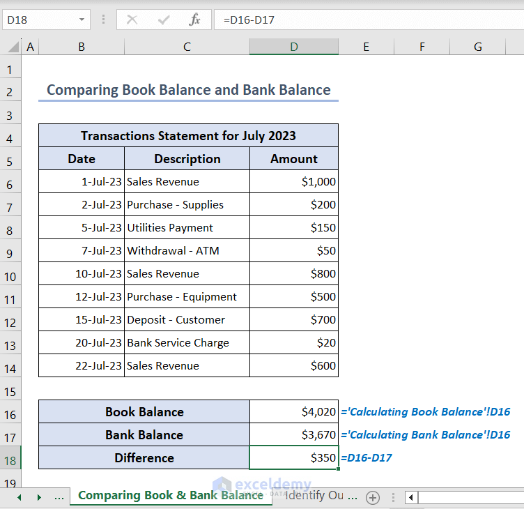 Comparing book balance and bank balance to obtain difference