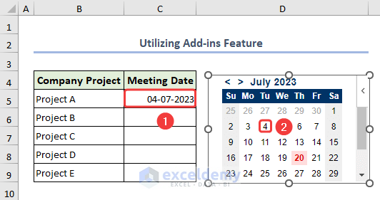 Inserting date inside an Excel cell utilizing the add-ins