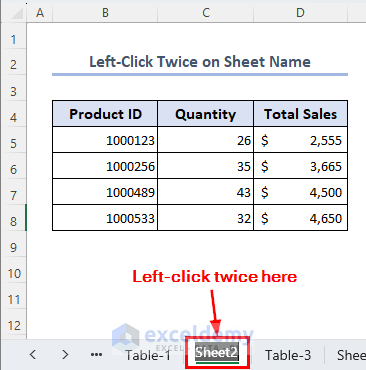 Left-clicking twice on sheet name to rename sheet