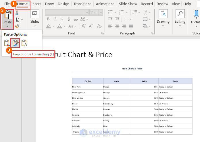 Linking powerpoint table