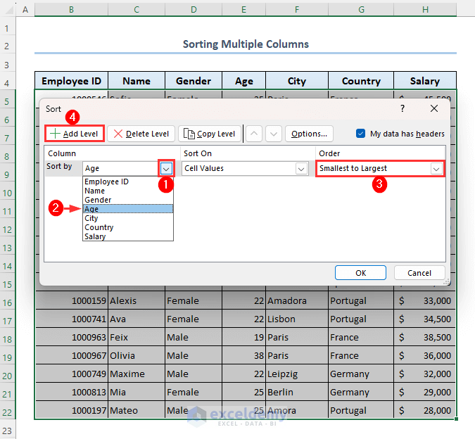 Selecting age from column section and selecting order then adding level