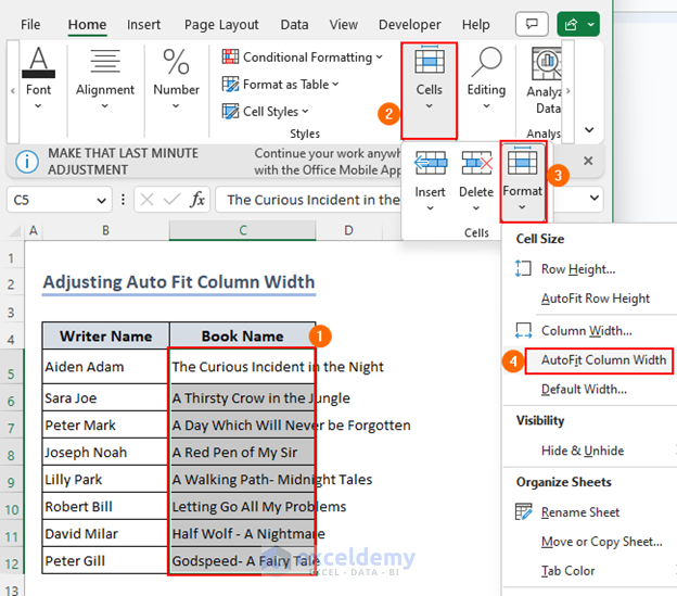 Selecting autofit column width from the toolbar to fit long text in one cell in excel