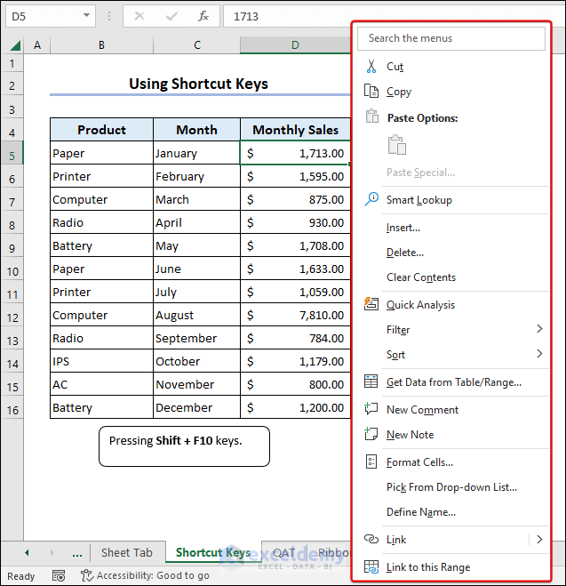 Shortcut keys for context menu in Excel
