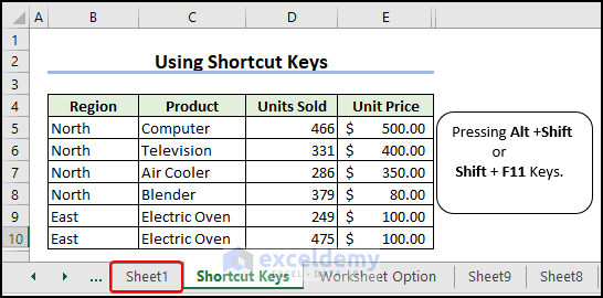 Shortcut keys to insert new worksheet in excel