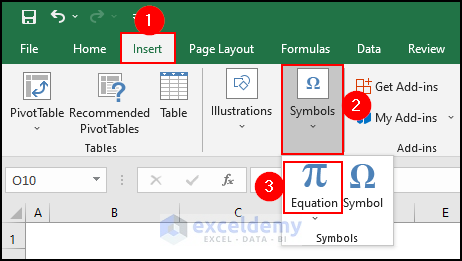 6- clicking on equation command to create a new equation with equation editor