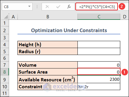 formula to determine the total surface area of a cylinder in excel