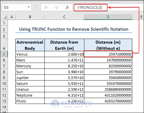 Using TRUNC function use to remove e