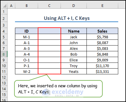 6- using shortcut ALT + I, C to insert a column