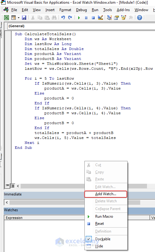 Adding watch to the VBA code editor