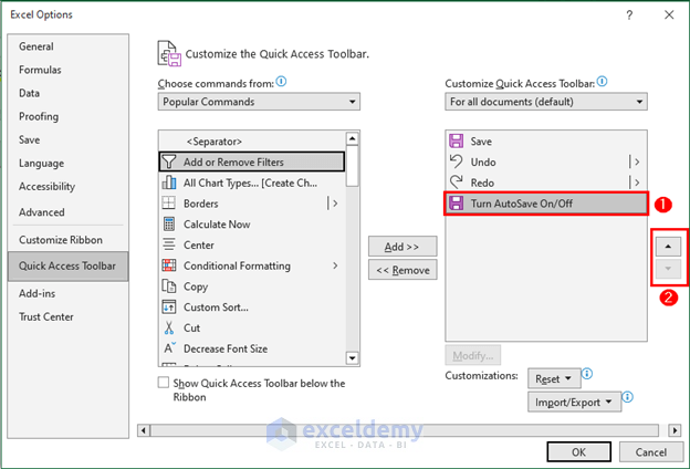 Changing position of commands in Quick Access Toolbar
