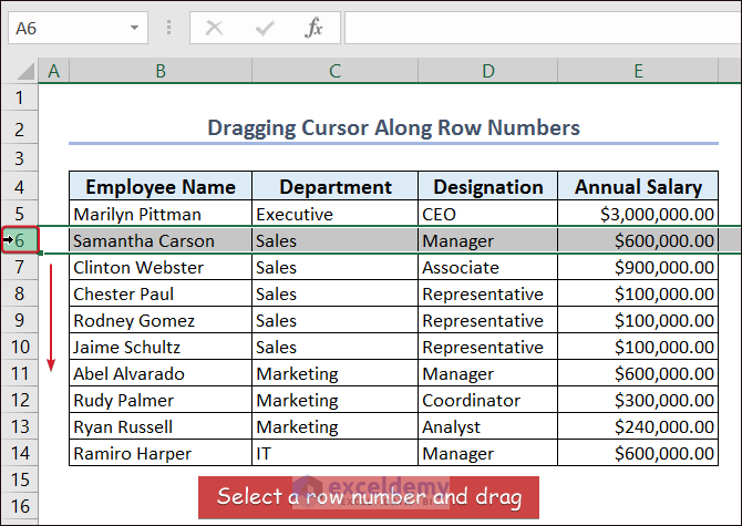 Dragging Cursor Along Row Numbers to Select Row in Excel
