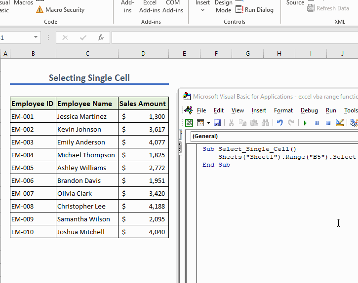 Run code to select a single cell with Excel VBA Range function