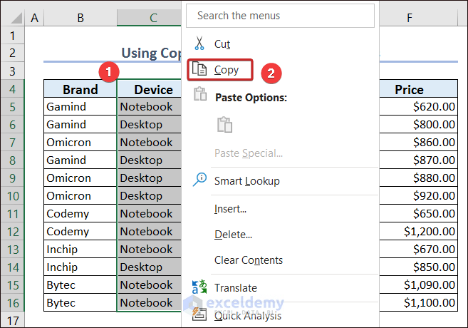 Select and Copy to Move Column