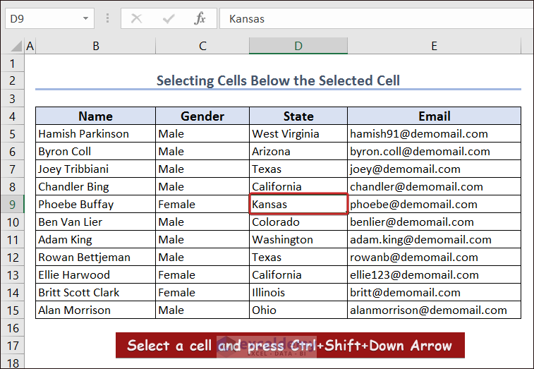 Select Cells Down the Selected Cell in Excel