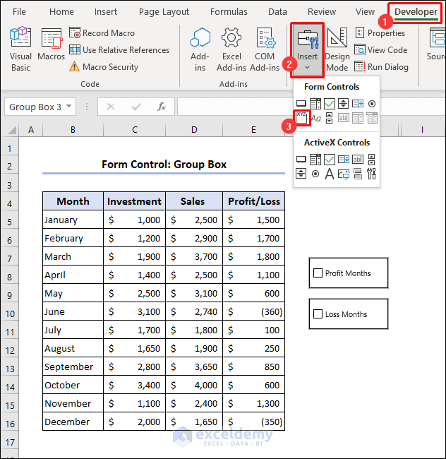 Select Group box from Form Controls