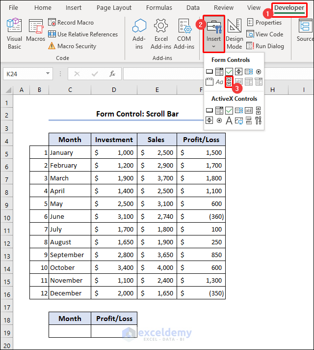 Select Scroll Bar from Form Controls