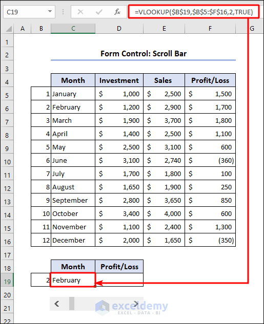 VLOOKUP formula to get month with Scroll Bar