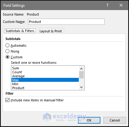 Pivot table Filter with Max value settings