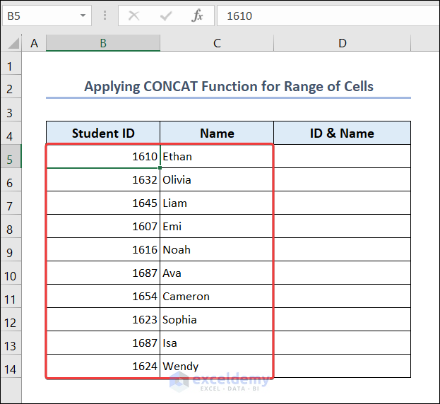 Apply CONCAT Function to a Range of Cells