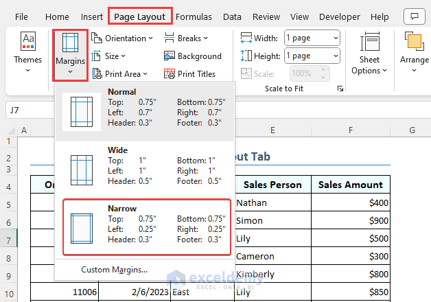 Applying narrow margin in Excel