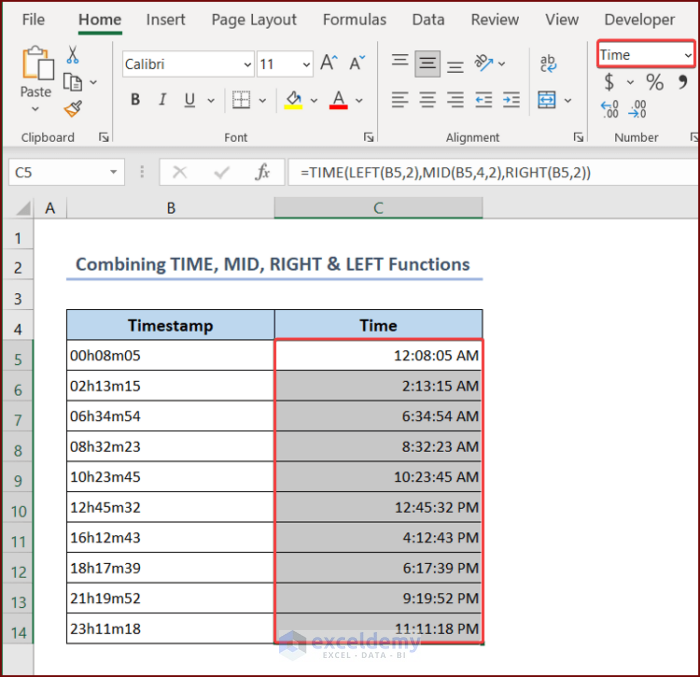 Combining TIME, MID, RIGHT, and LEFT Functions to Convert Timestamp to Time