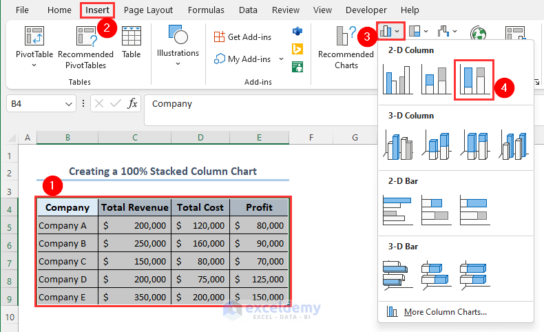 Creating 100% stacked column chart