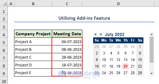 Final result with inserting calendar in Excel cell