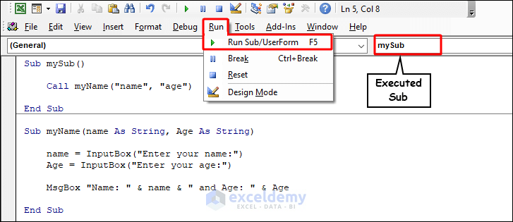 Run the code to call a sub with multiple parameters