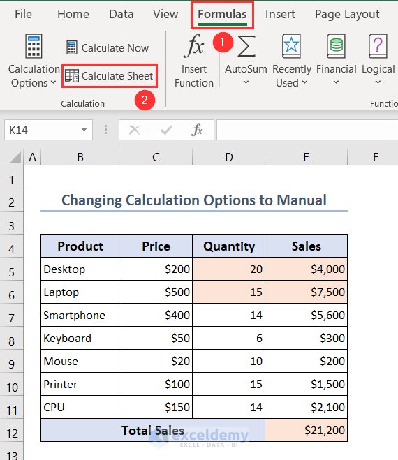 Selecting Calculate Sheet option to update values manually