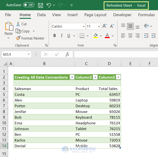 Showing imported data in Refreshed Sheet workbook