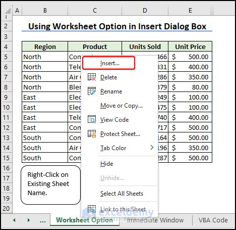 Worksheet option in insert option to insert new worksheet in excel