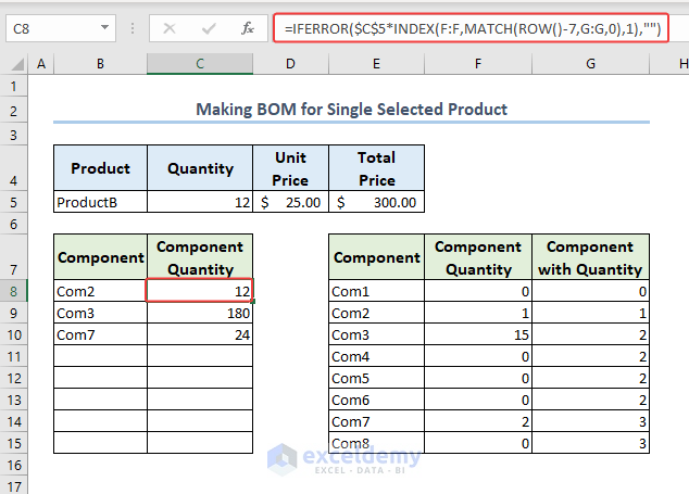 calculating component quantity for single selected product