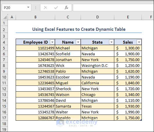 dynamic table with excel feature