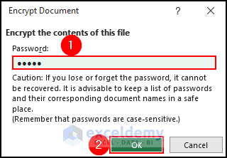 7- entering password in the Encrypt Document dialog box