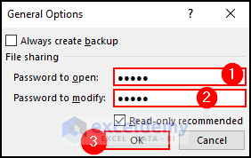 7- entering passwords in the general options dialog box to make Excel file read-only