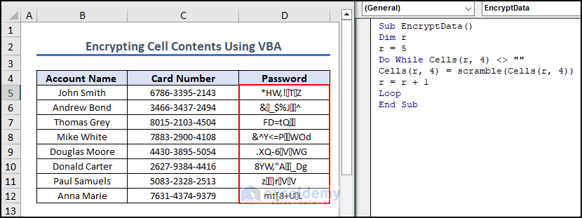 7- final output after running the VBA code to encrypt cell contents in an Excel file